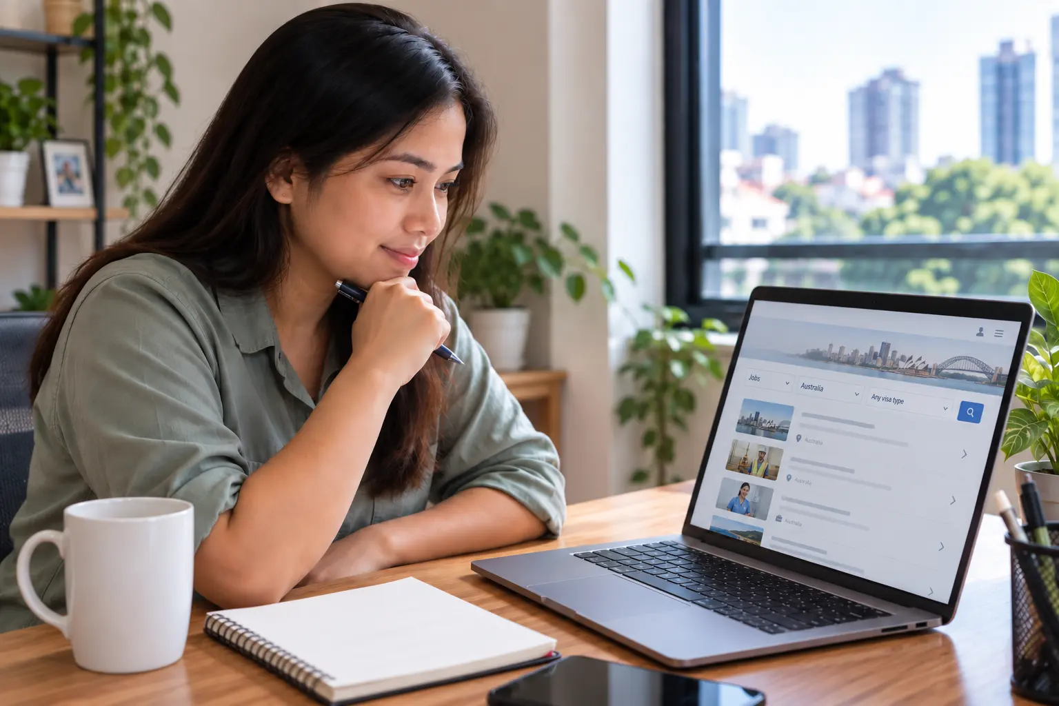 Filipino woman researching Australian jobs and visa options on a laptop