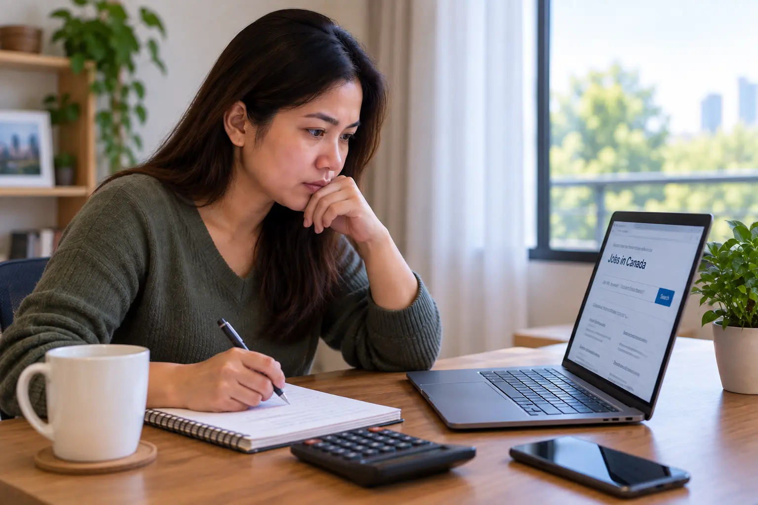 Filipino woman researching jobs in Canada and comparing her options