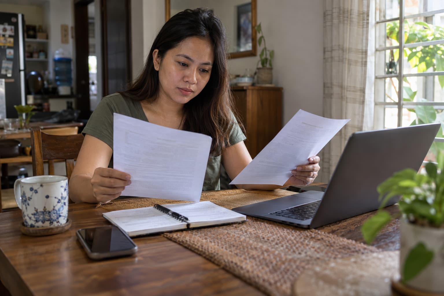 Filipino professional reviewing two overseas job offers at home.