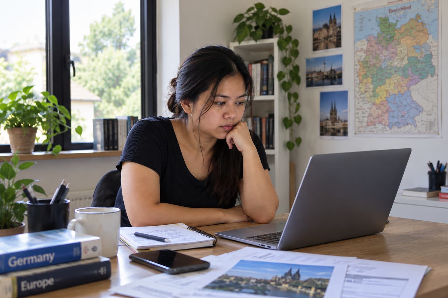 Filipina reviewing documents for a possible job in Germany before making a decision