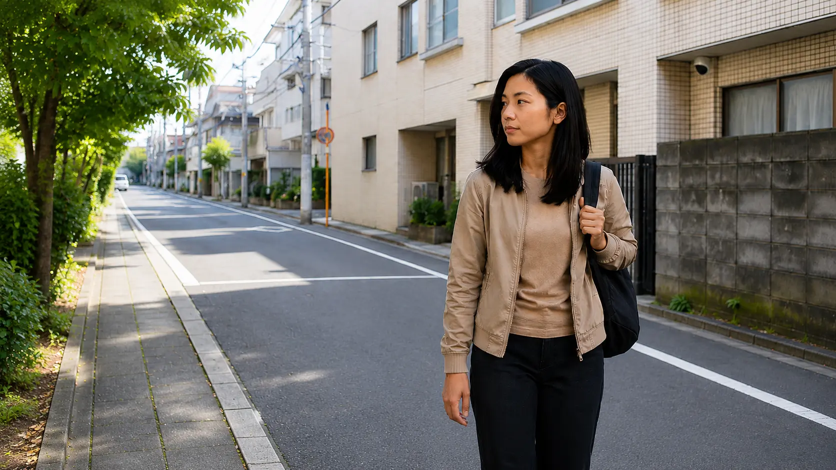 Filipina OFW walking through an ordinary overseas neighborhood after work while adjusting to daily life abroad