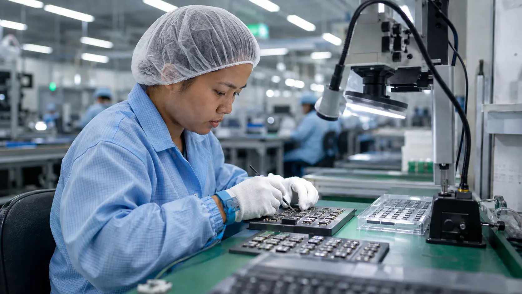 Filipina worker assembling electronic components at a manufacturing station in Taiwan