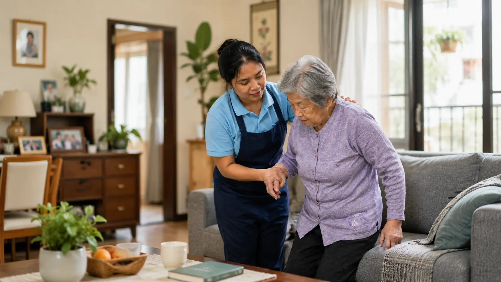 Filipina live-in caregiver helping an elderly woman stand beside a wheelchair in a Taiwan home