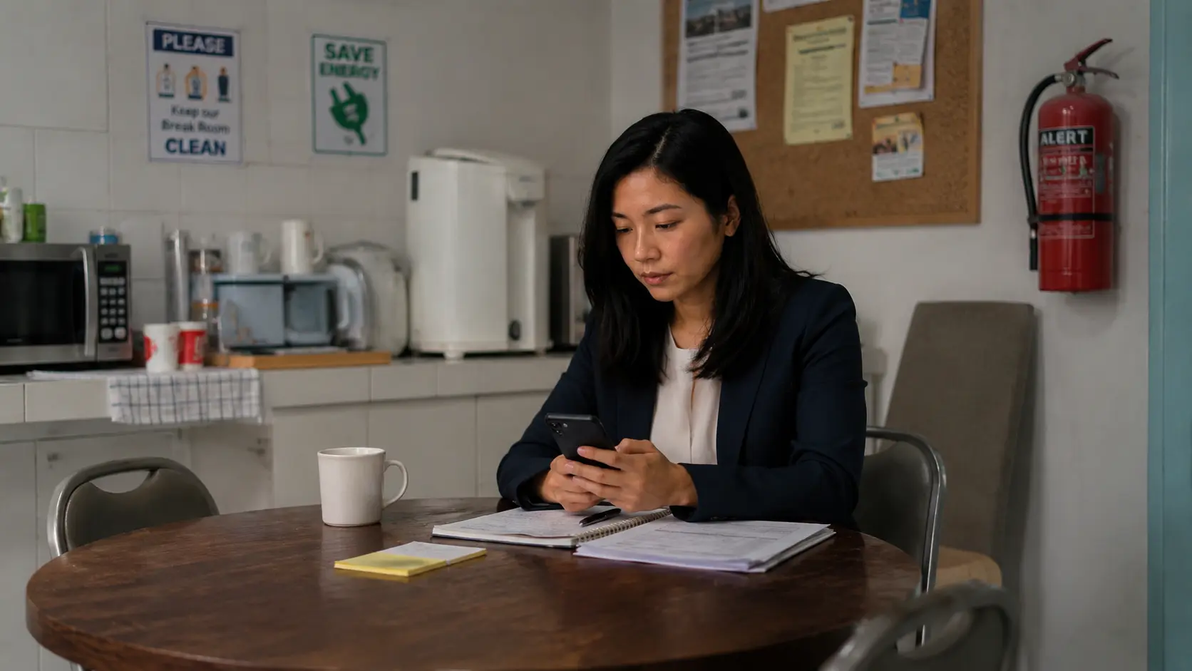 Filipina OFW quietly reviewing notes during a work break in a modest overseas setting