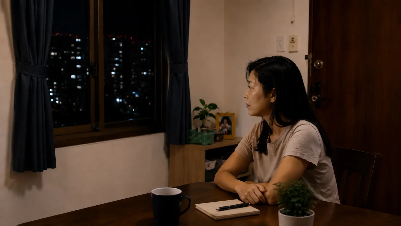 Filipina OFW quietly reflecting alone at night in a modest overseas apartment after years of working abroad