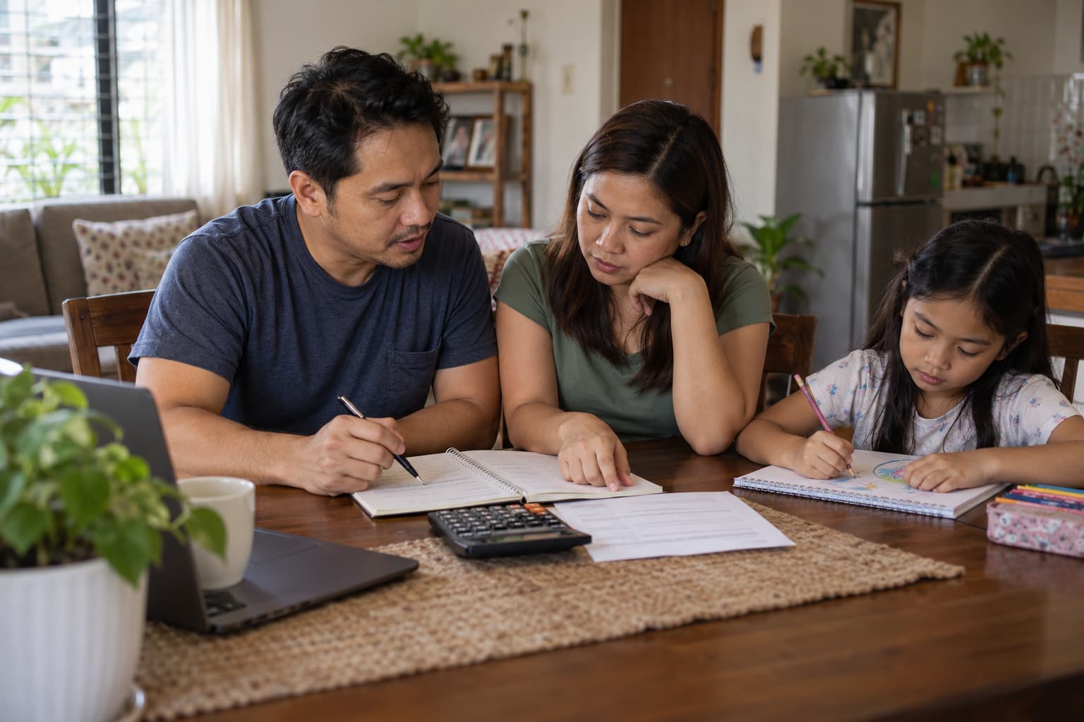 Filipino couple reviewing a household budget with their child nearby.