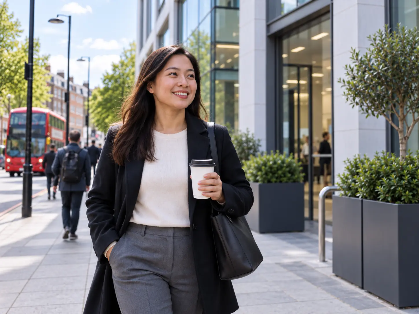 Filipino professional walking to work in the UK near a modern office building