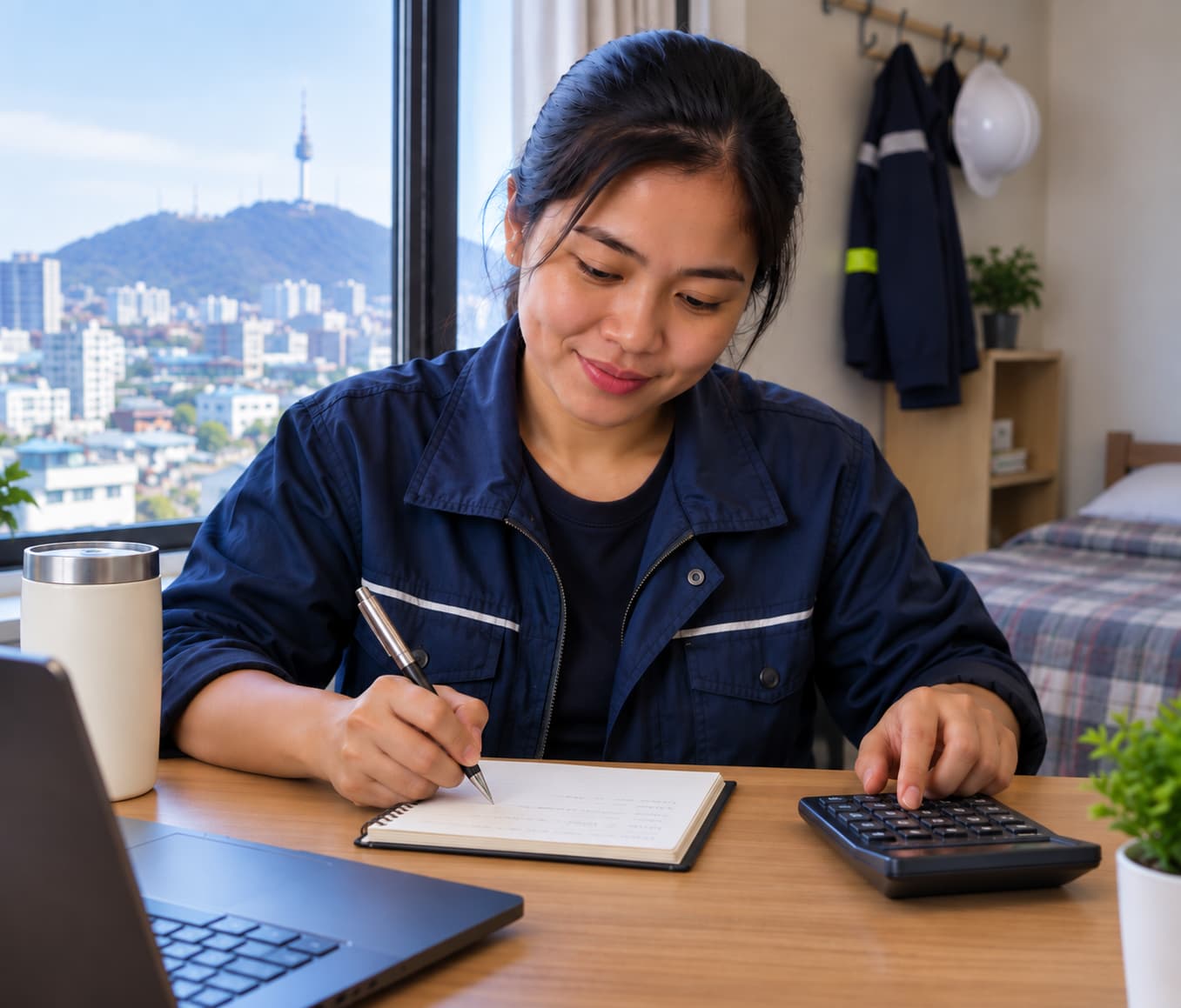 Filipino worker in South Korea reviewing pay and monthly expenses