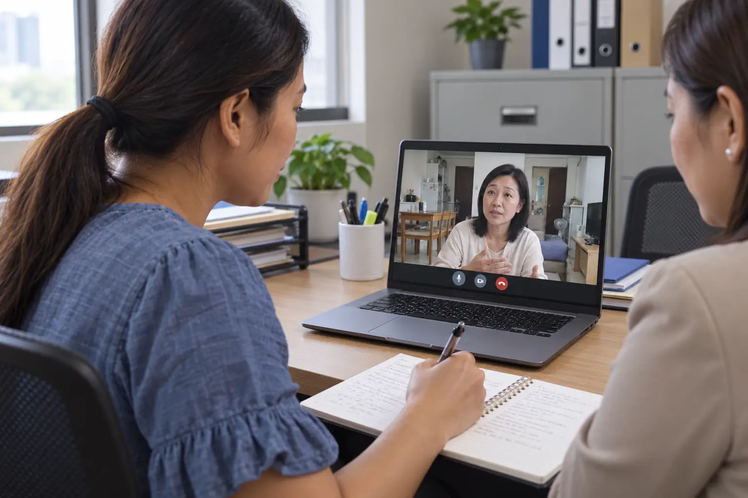 Applicant taking notes during a laptop video interview with a prospective employer, with an agency staff member seated beside her.