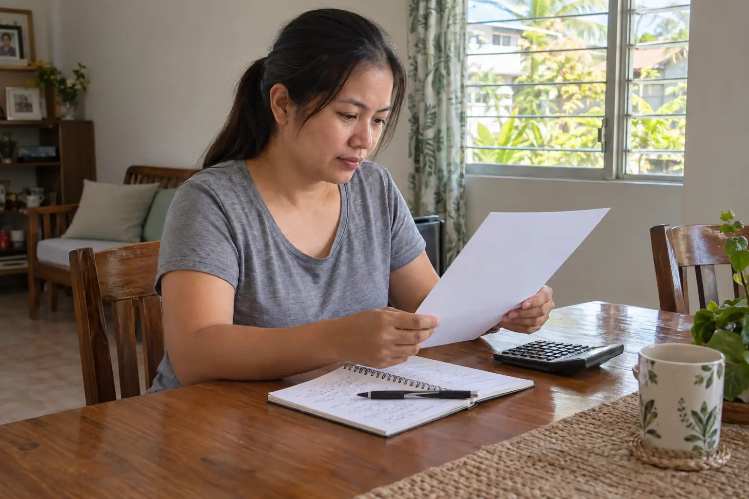 Woman reviewing a printed job offer at home, with a notebook and calculator on the table.