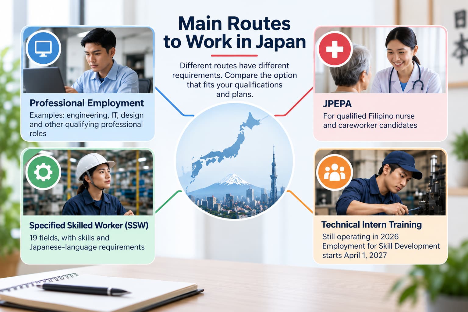 Diagram showing the main legal work routes to Japan for Filipino workers