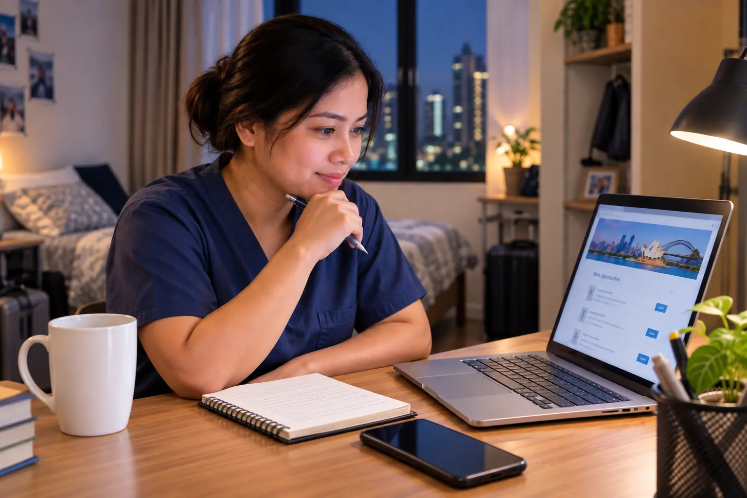 Filipino worker abroad reviewing an Australian job opportunity on a laptop