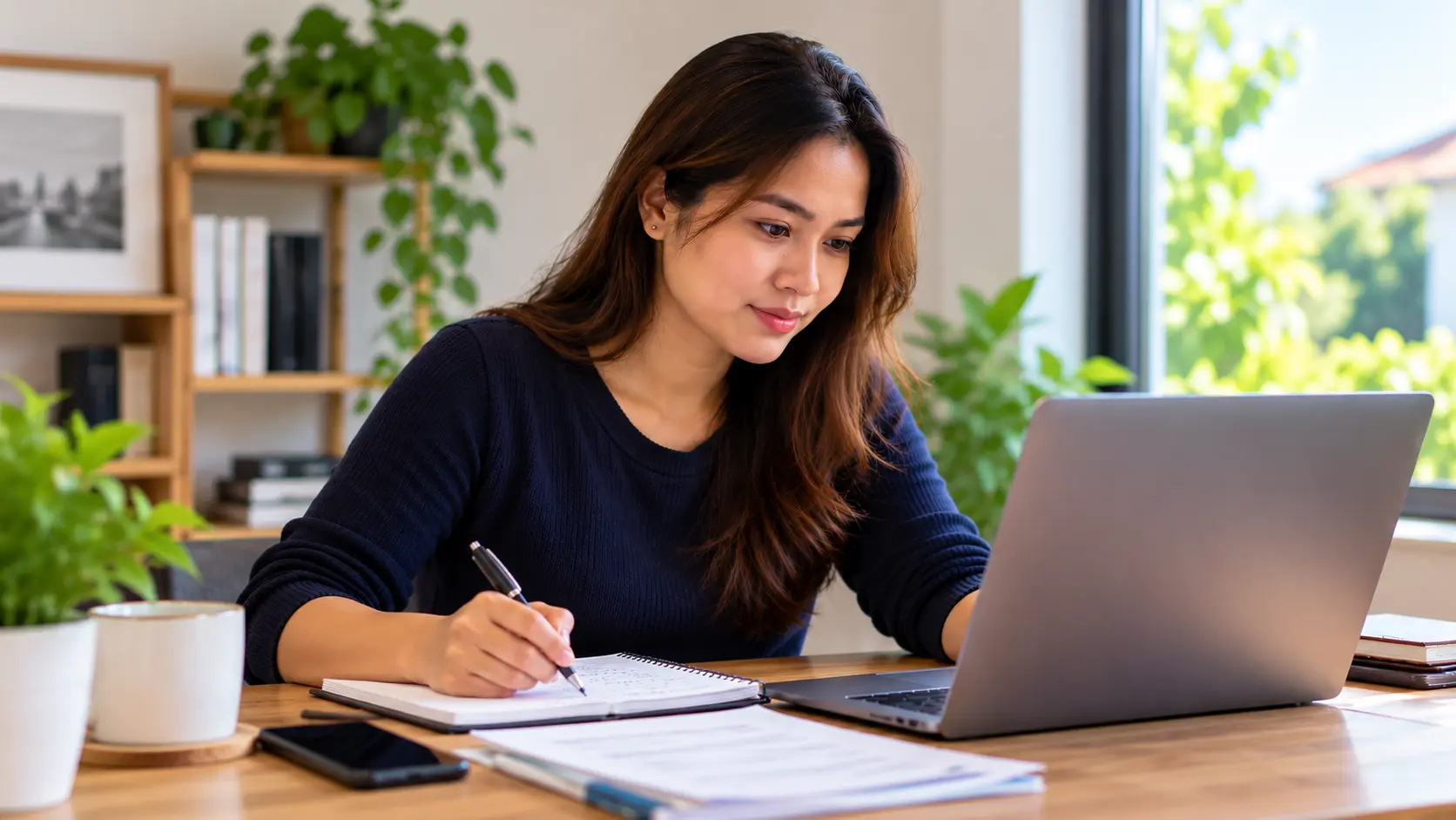 Filipina reviewing career documents and taking notes while working on a laptop