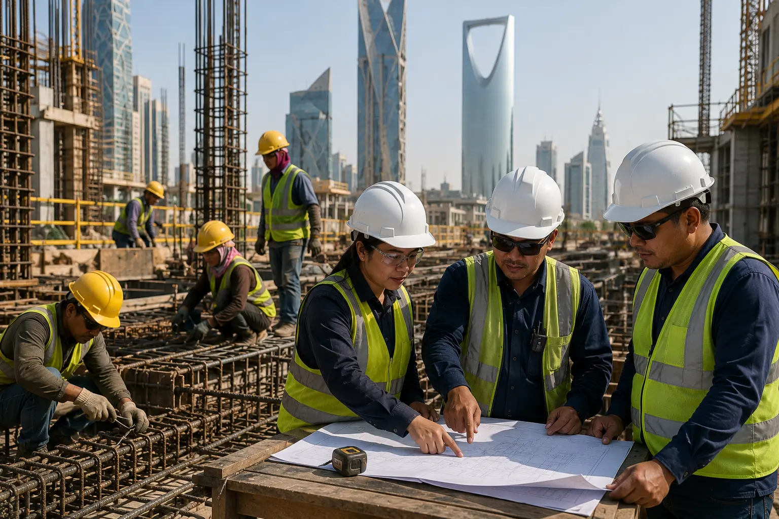 Filipino workers reviewing construction plans at a modern project in Saudi Arabia