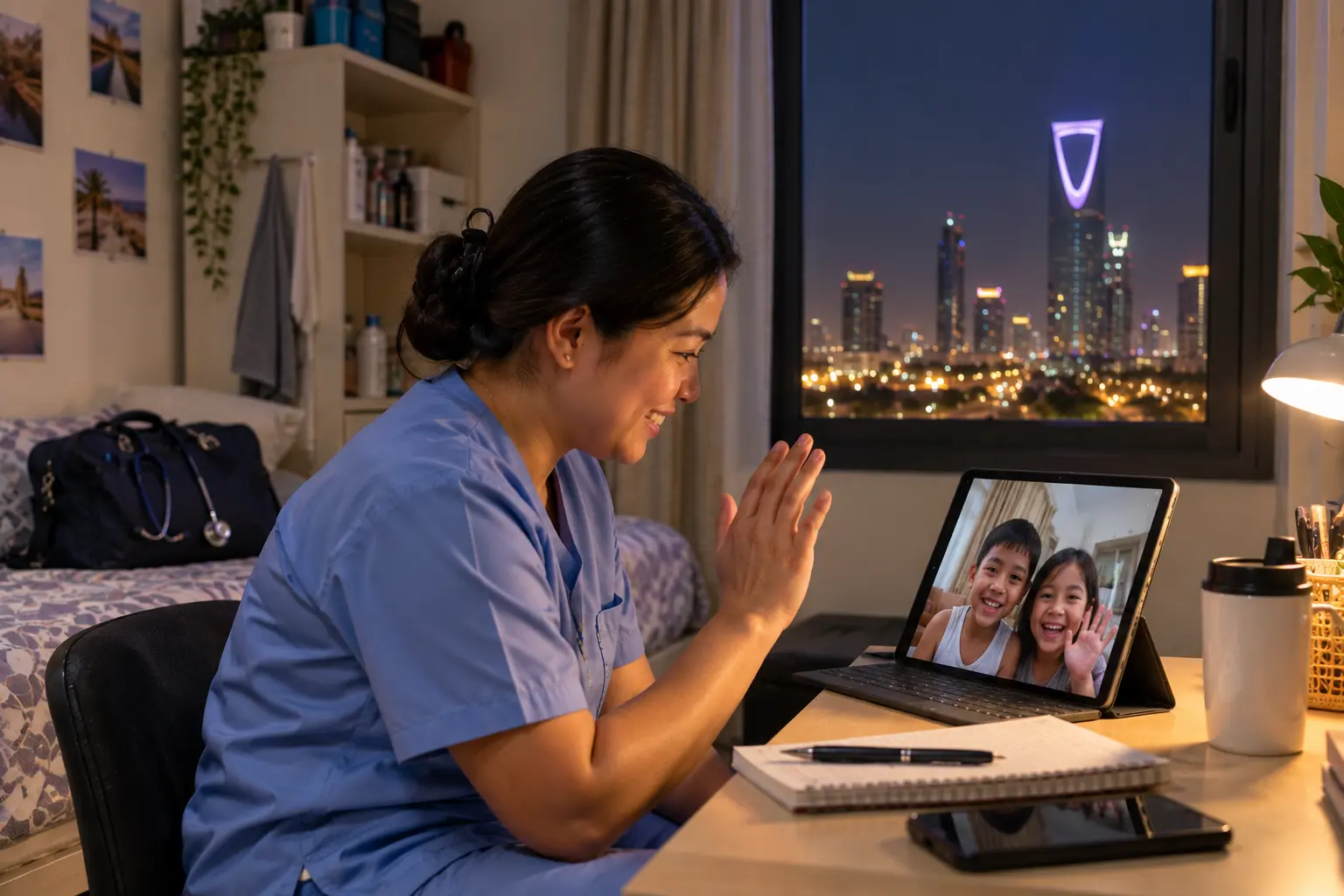 Filipina healthcare worker in Saudi Arabia video-calling her two children after work