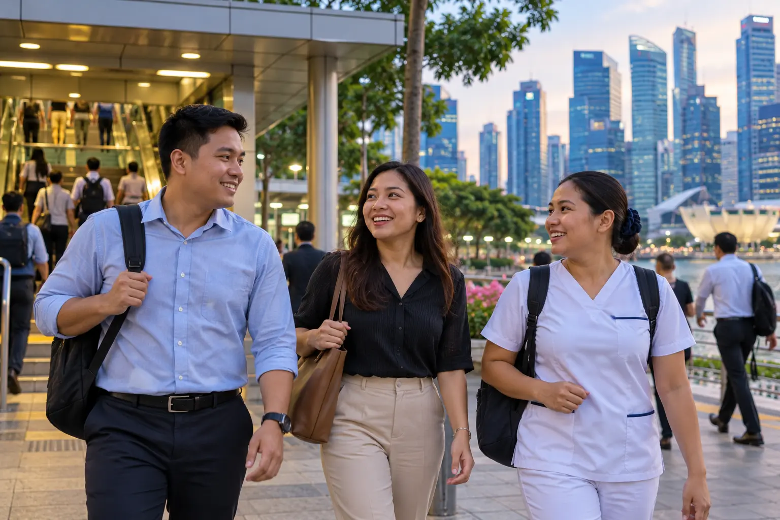 Filipino workers commuting after work in Singapore