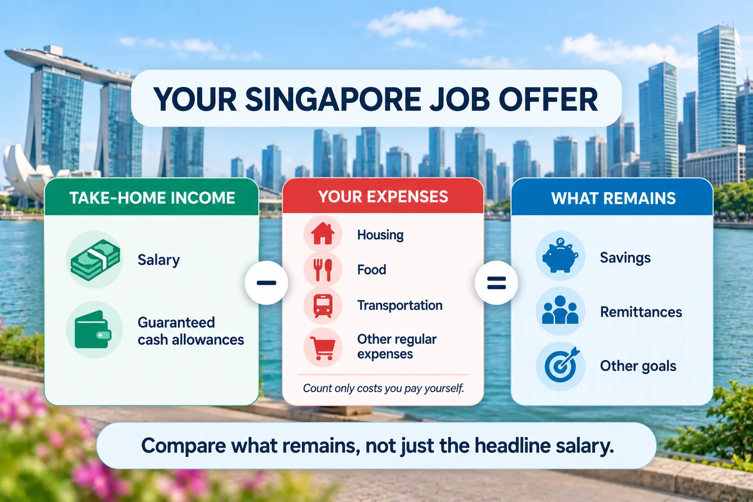 Diagram showing take-home income minus Singapore living expenses equals money available for savings and remittances