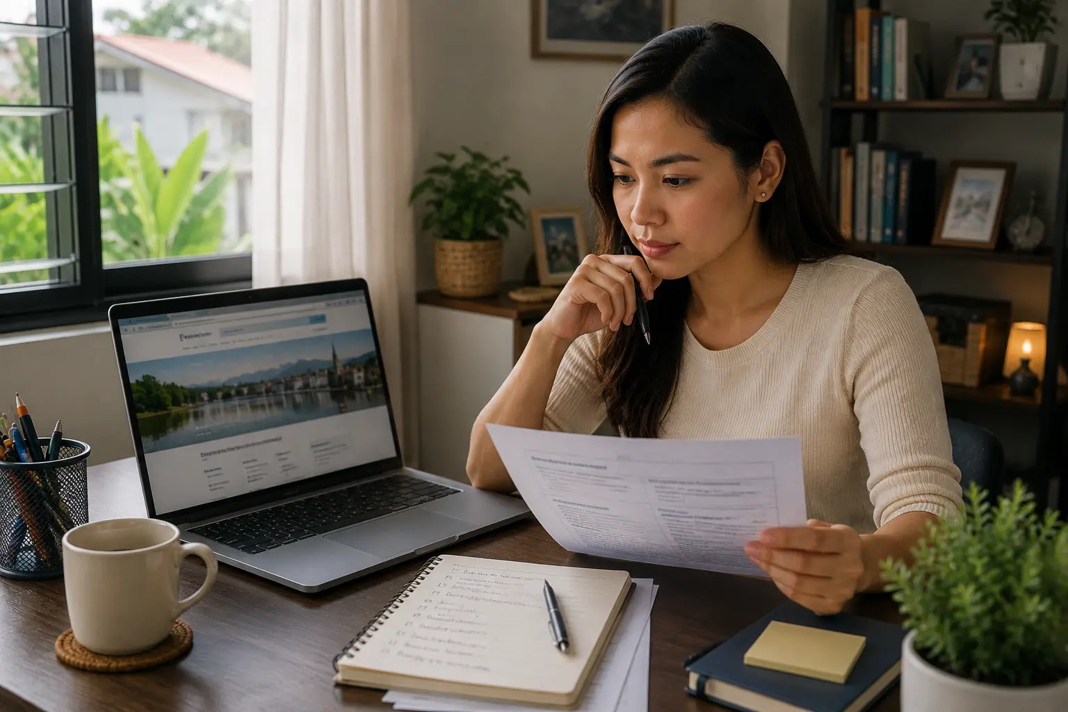Filipina professional in the Philippines reviewing documents and researching work options in Switzerland