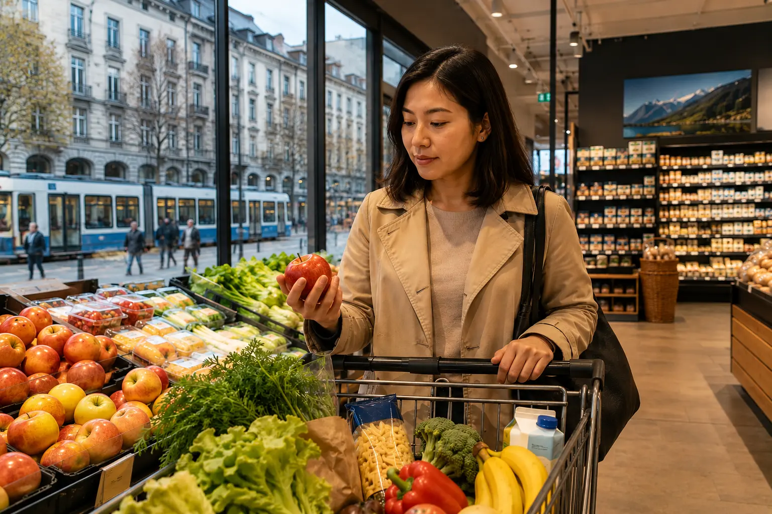 Filipina professional shopping for everyday groceries in a Swiss city