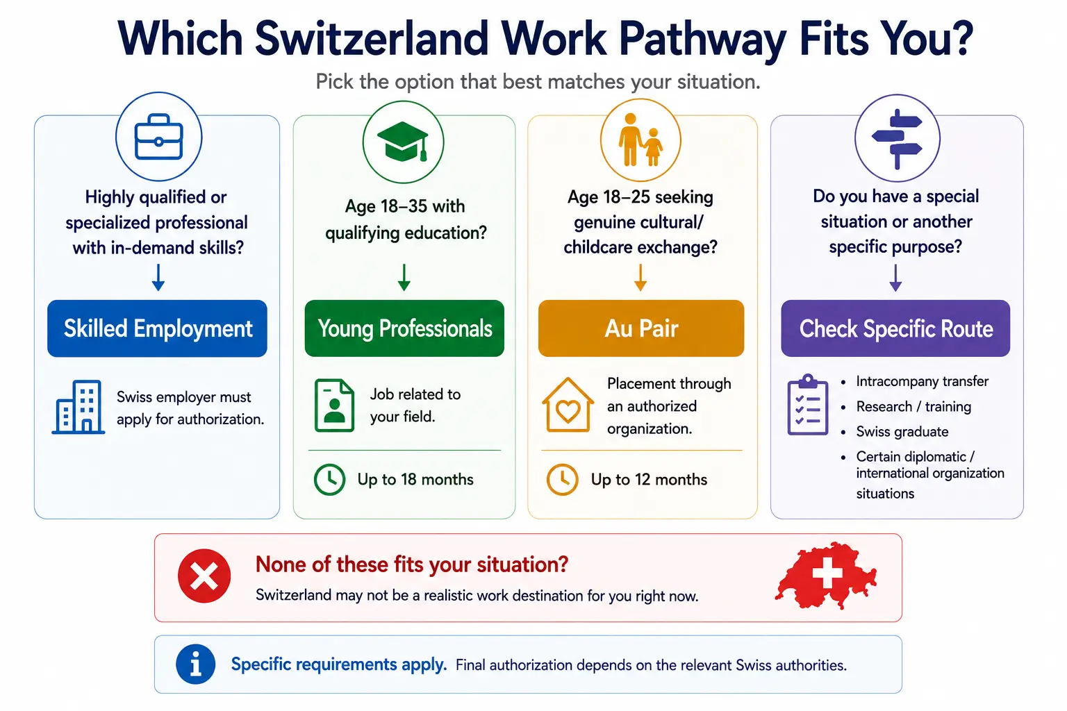 Decision guide showing skilled employment, Young Professionals, au pair and special work pathways for Switzerland