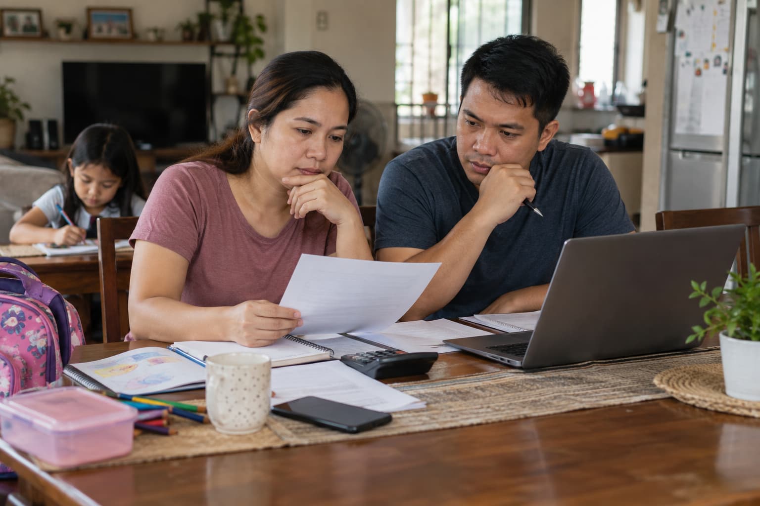 Filipino couple reviewing family costs and arrangements for an overseas move.