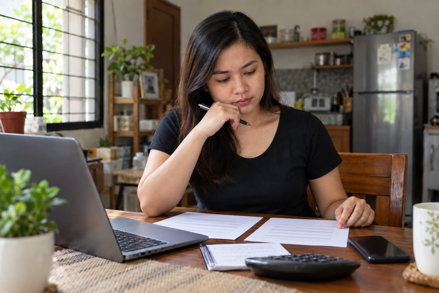 Filipino worker comparing two overseas job offers at home.