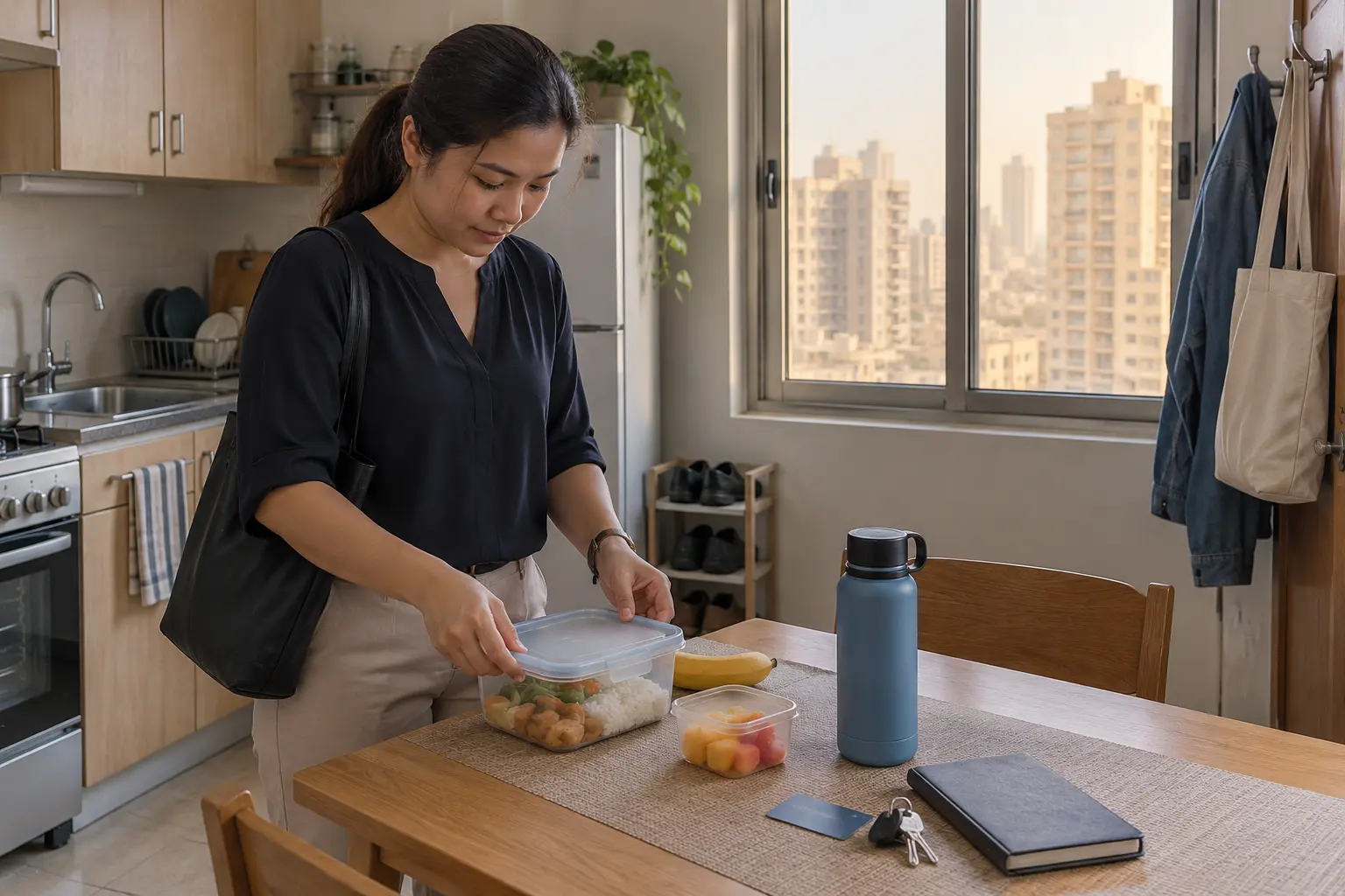 Filipino worker preparing a packed lunch in a modest UAE apartment before work