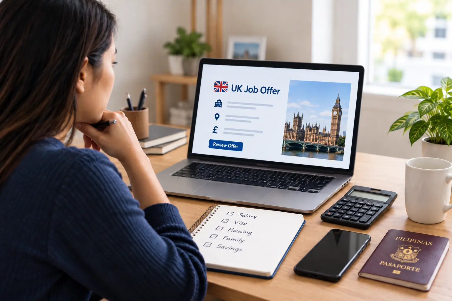 Filipino worker reviewing a UK job offer and comparing salary, visa, housing, family and savings