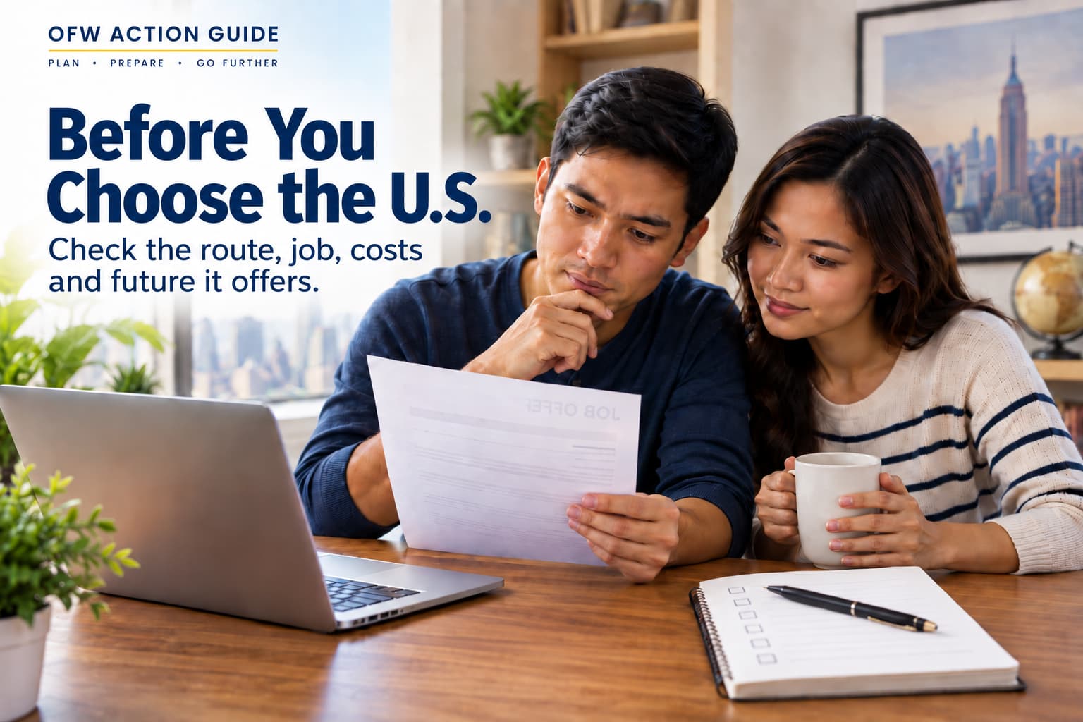 Filipino couple reviewing a U.S. job offer and immigration options before deciding whether to move.