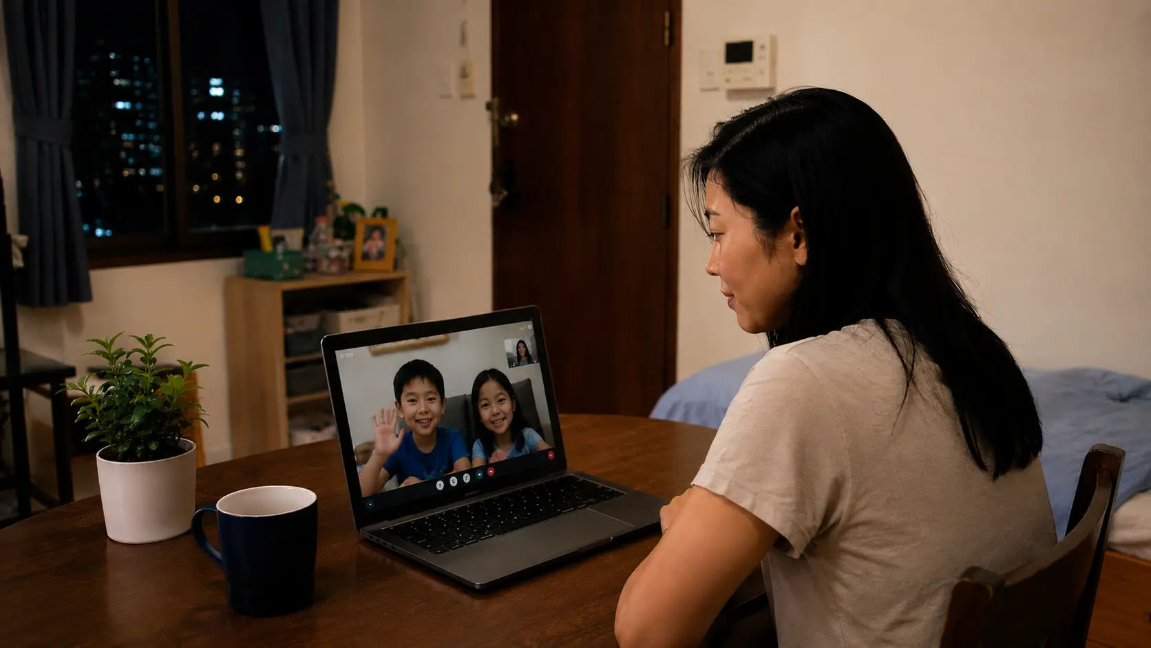 Filipina OFW having a routine evening video call with her family from a modest overseas apartment